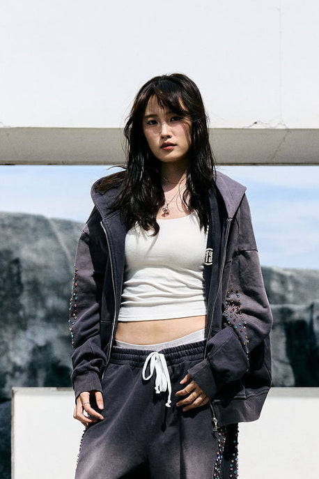 CRYSTAL CACTUS ZIP HOODIE - VINTAGE BLACK