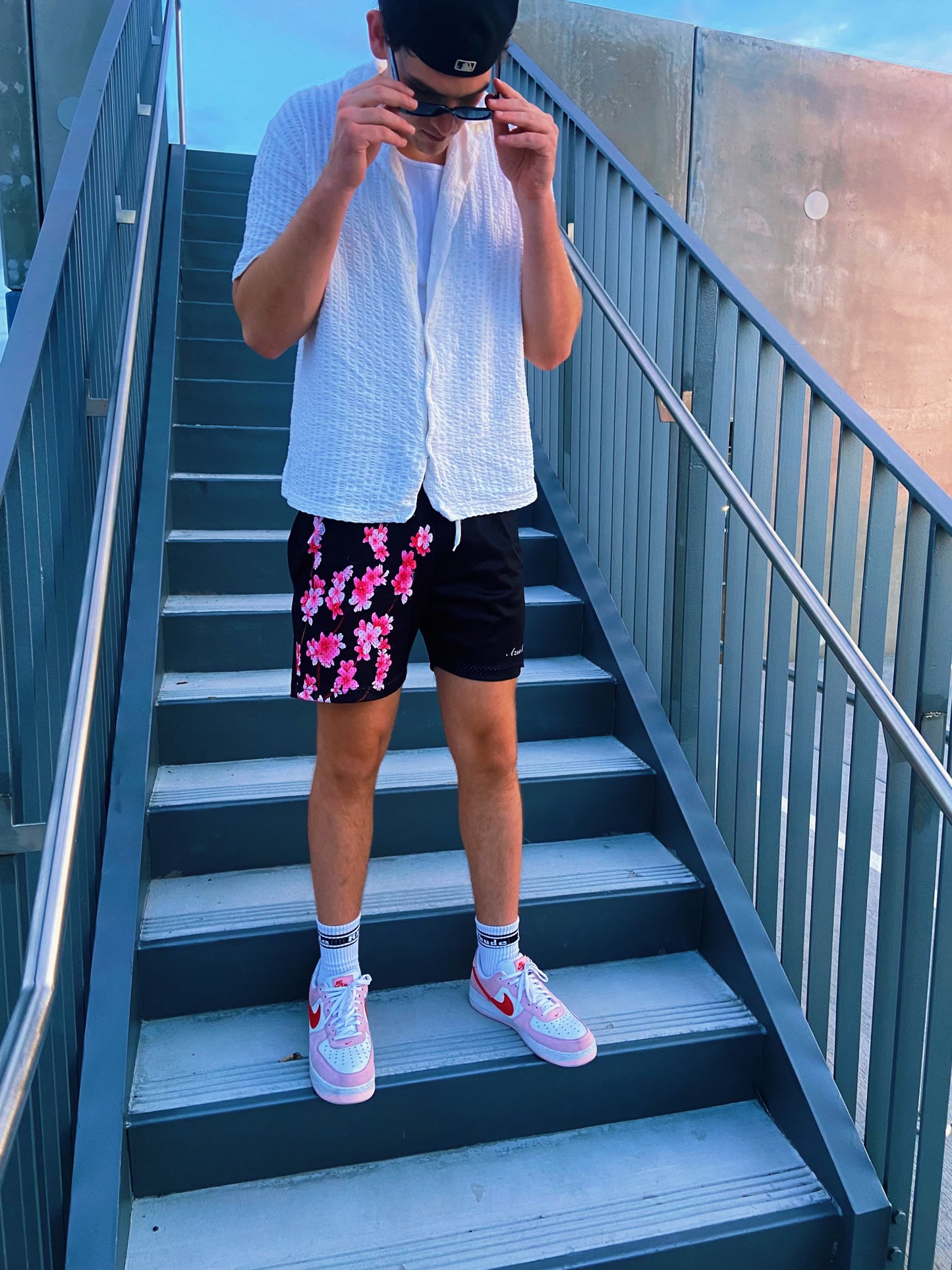 Black Cherry Blossom Mesh Shorts