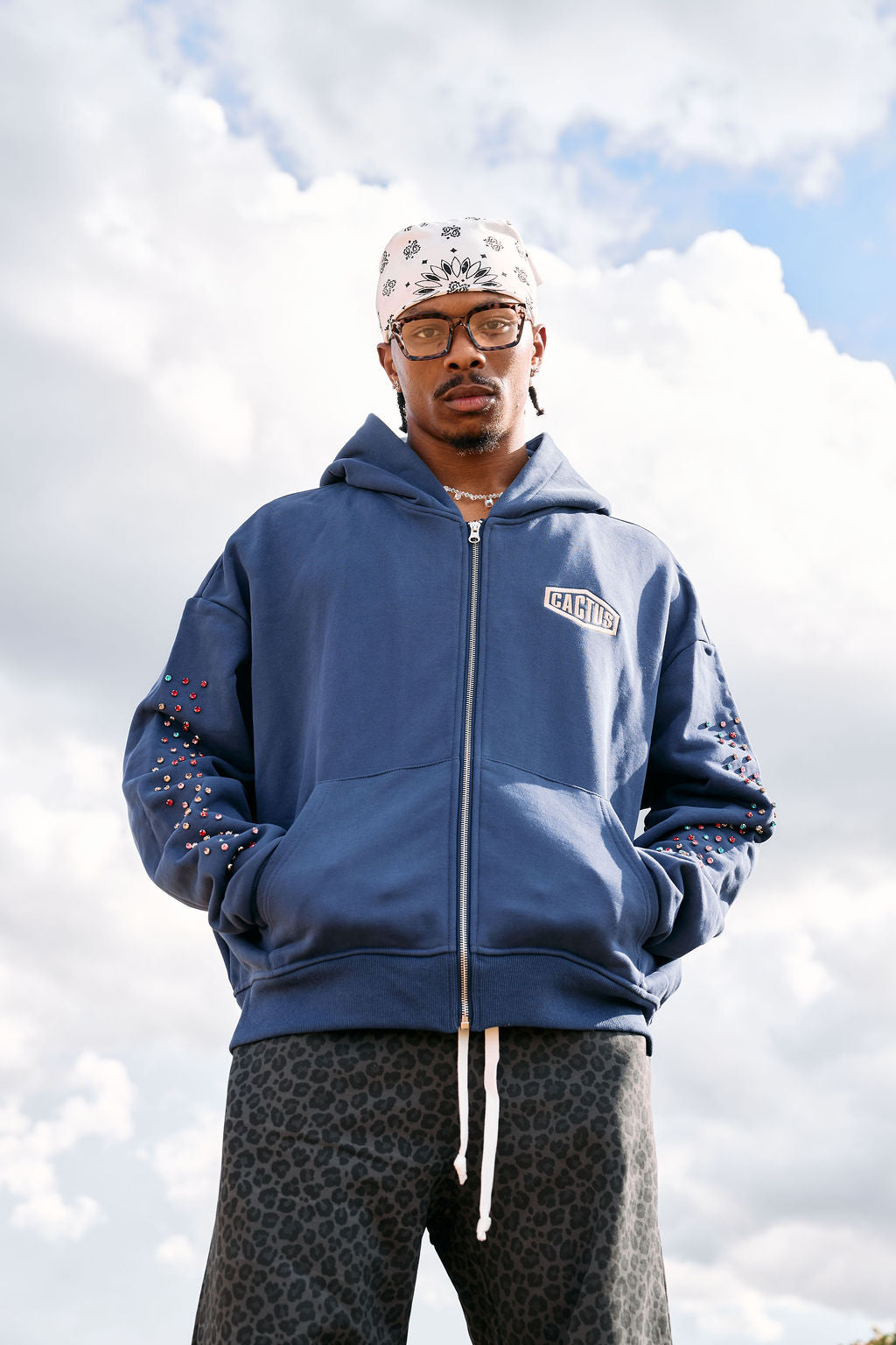 CRYSTAL CACTUS ZIP HOODIE - NAVY
