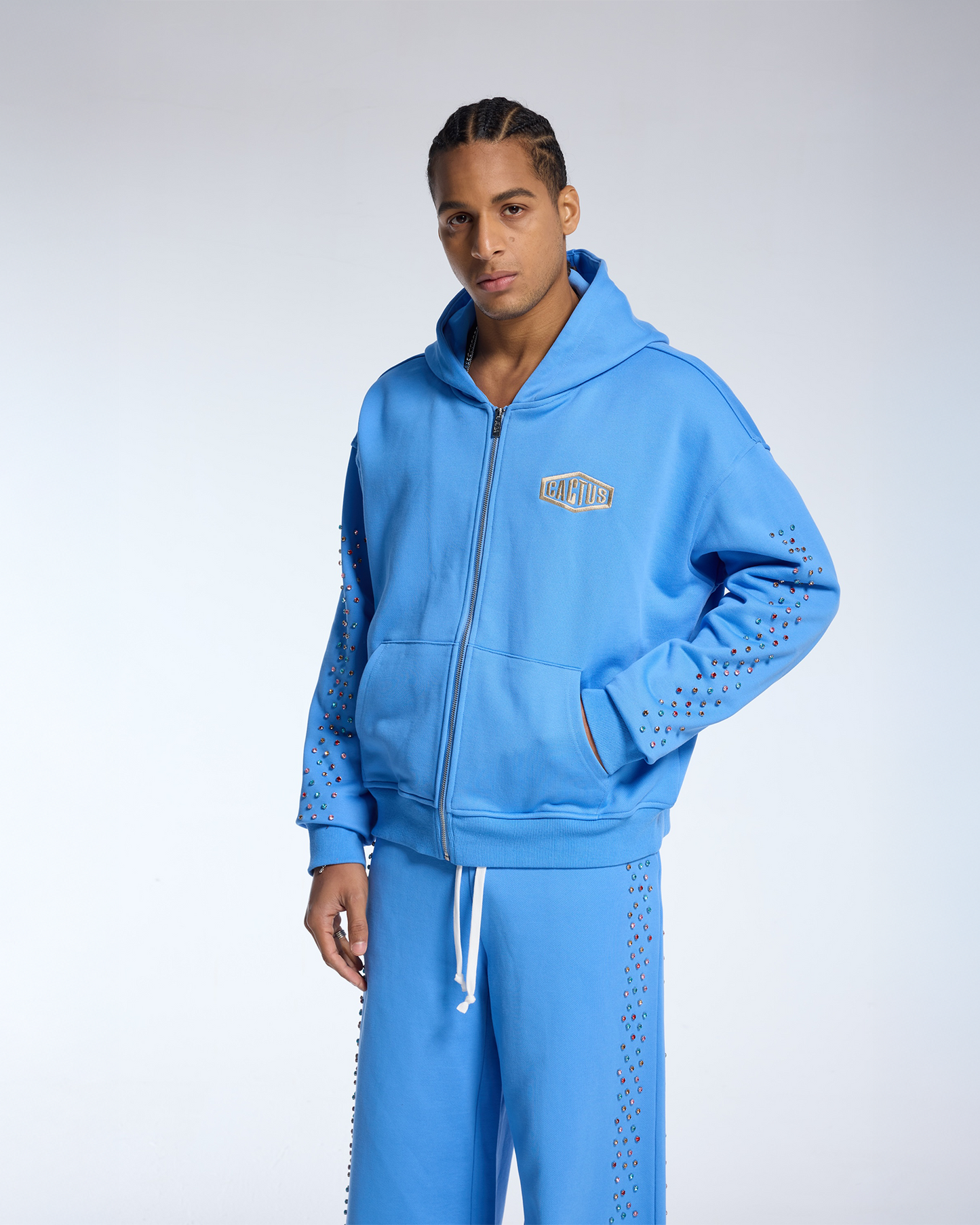 CRYSTAL CACTUS ZIP HOODIE - BABY BLUE