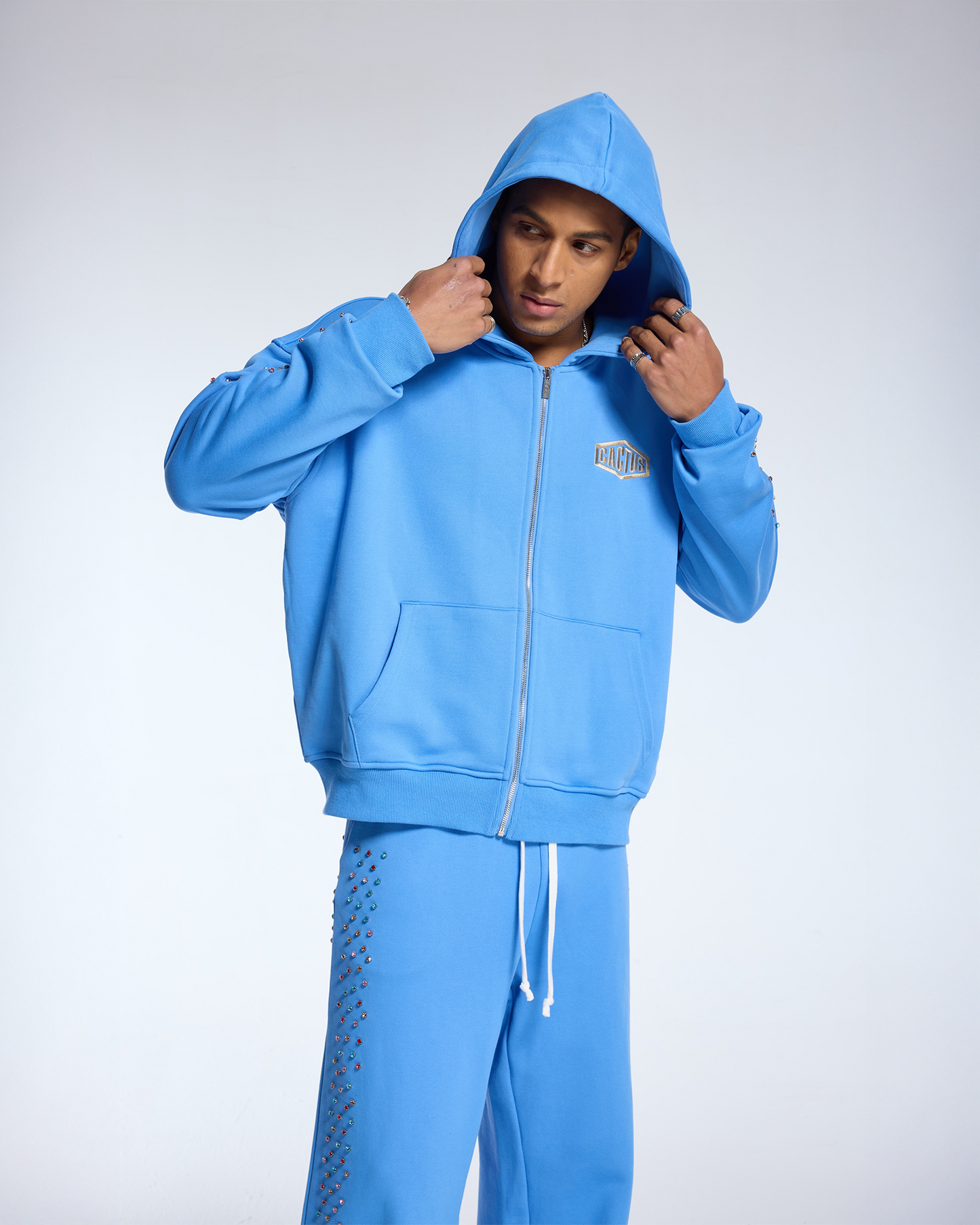 CRYSTAL CACTUS ZIP HOODIE - BABY BLUE