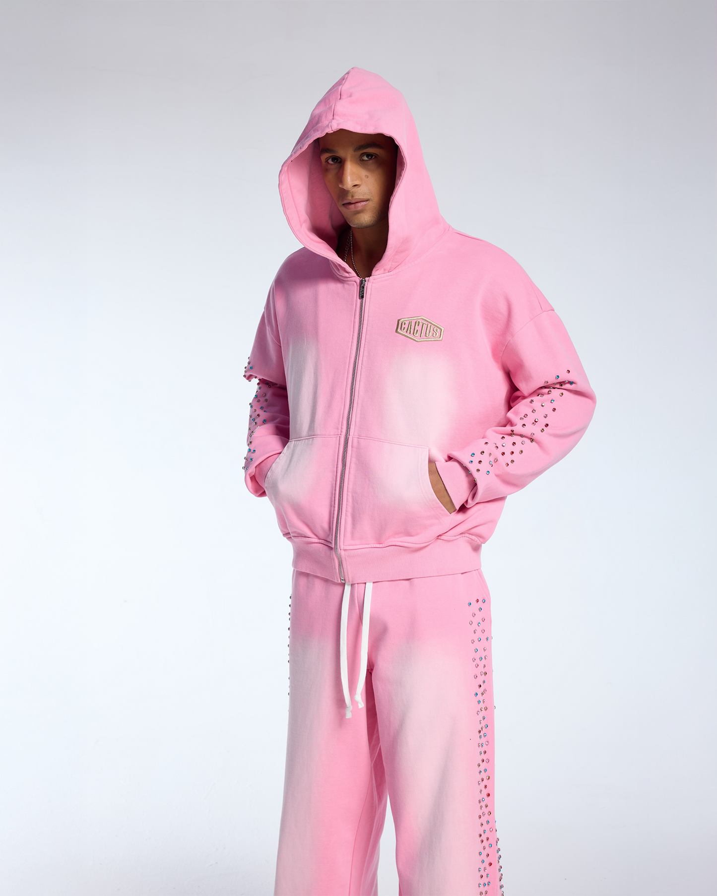 CRYSTAL CACTUS ZIP HOODIE - PINK