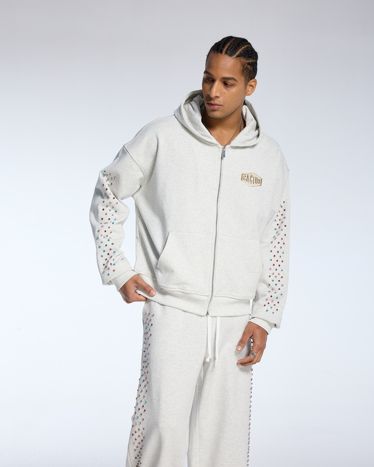 Crystal Cactus Zip Hoodie - Grey