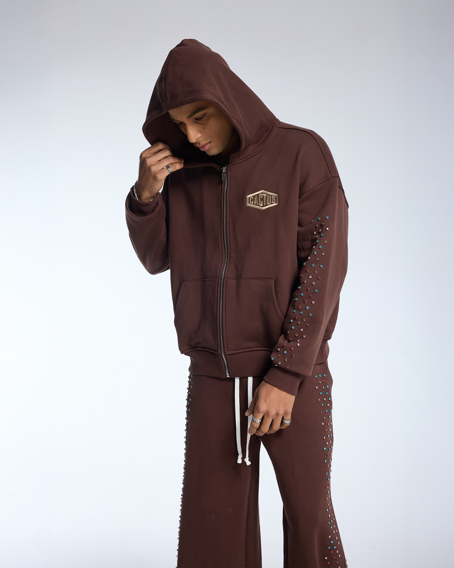 CRYSTAL CACTUS ZIP HOODIE - BROWN