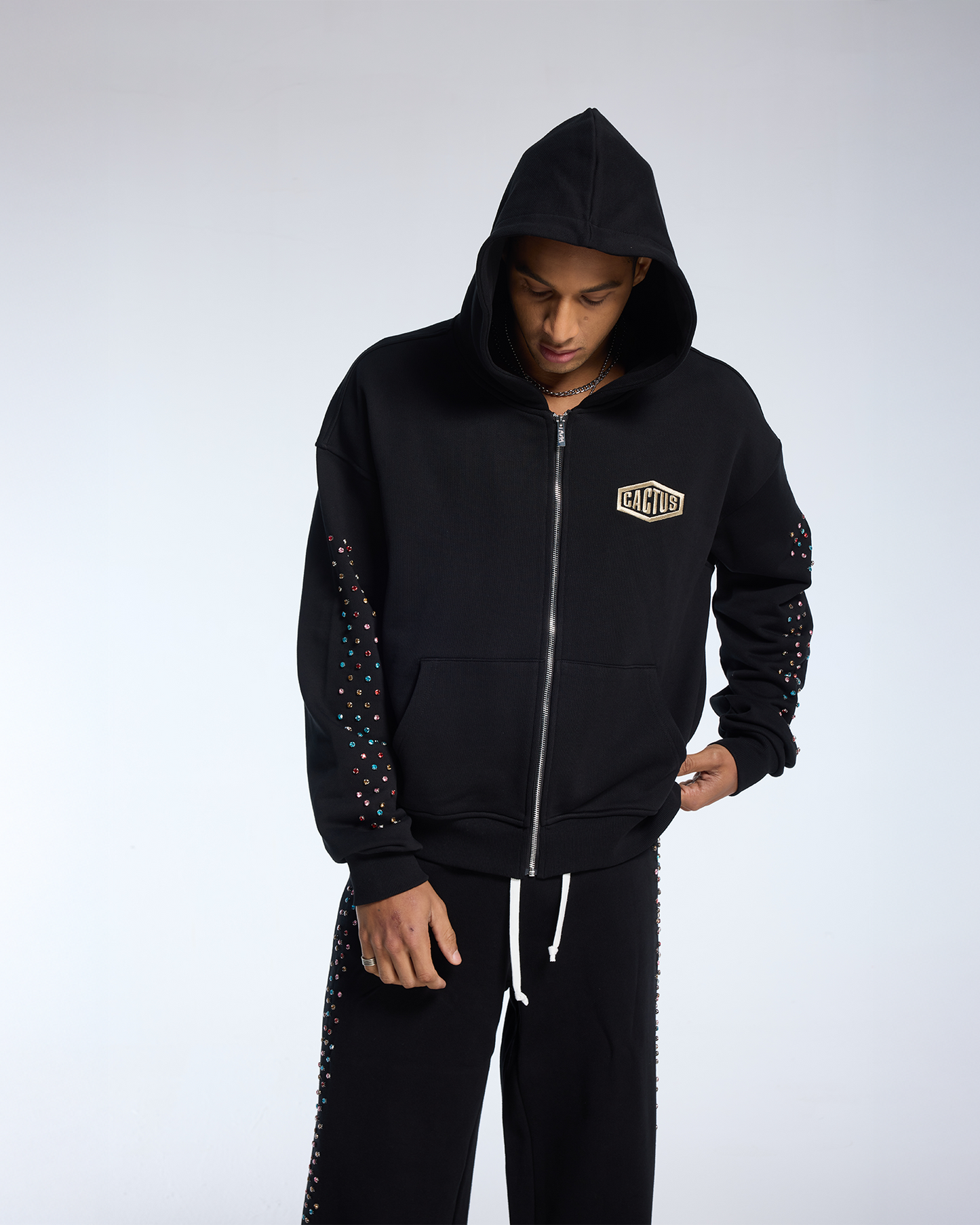 Crystal Cactus Zip Hoodie - Black