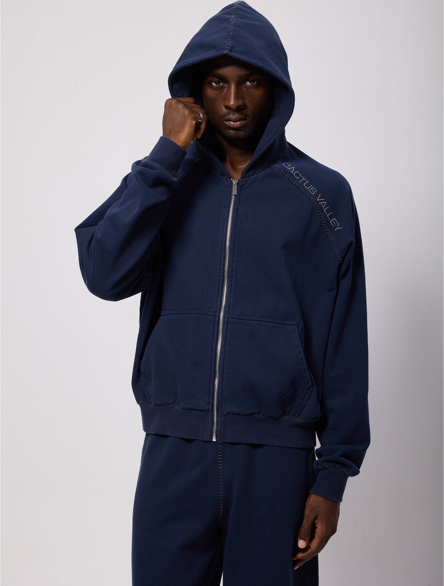 BLANKET STITCH ZIP UP HOODIE