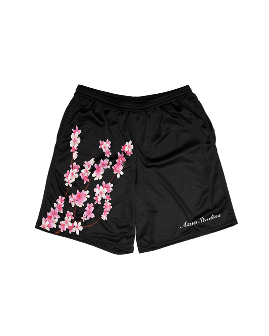 Black Cherry Blossom Mesh Shorts