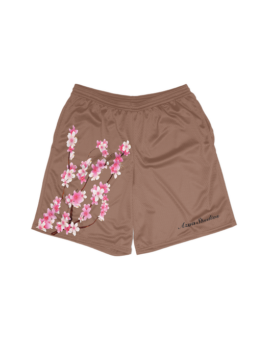 Brown Cherry Blossom Mesh Shorts