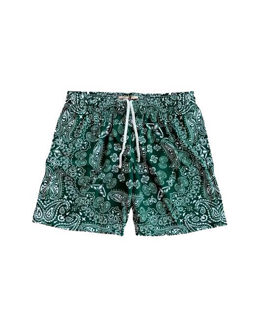 Forest Green Paisley Mesh Shorts